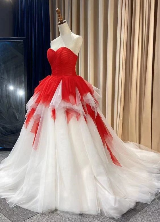 Sweetheart Neckline White Red Pageant Dress Evening Gown