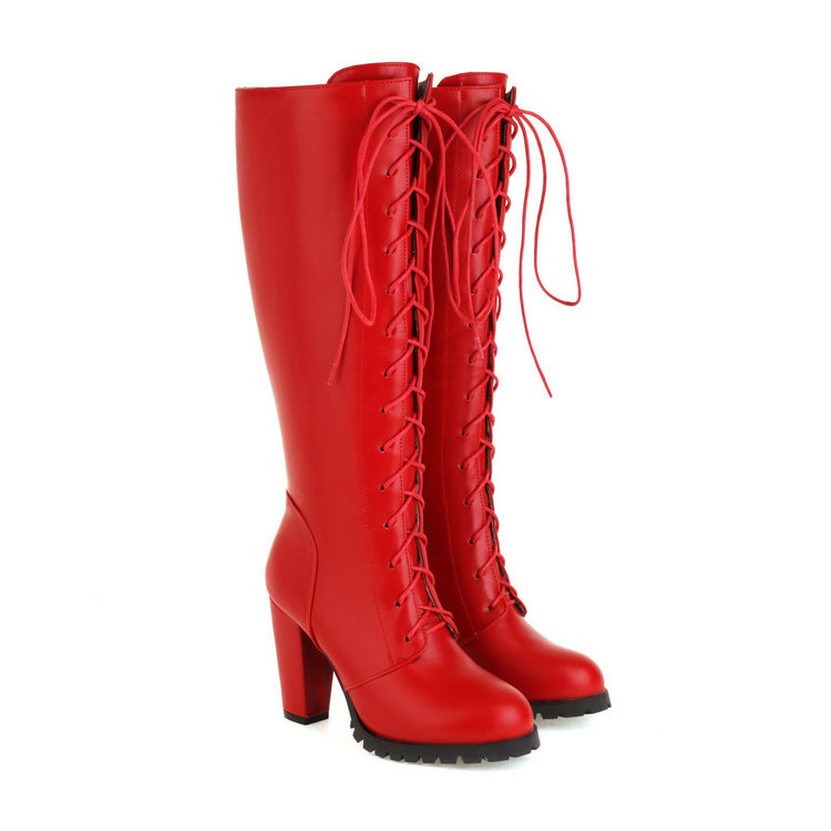 Radiant Red Knee-high Lace-up Boots
