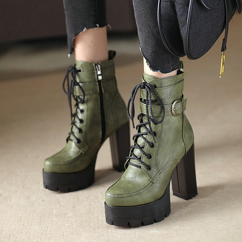 Olive Green Lace-up Chunky Heel Boots