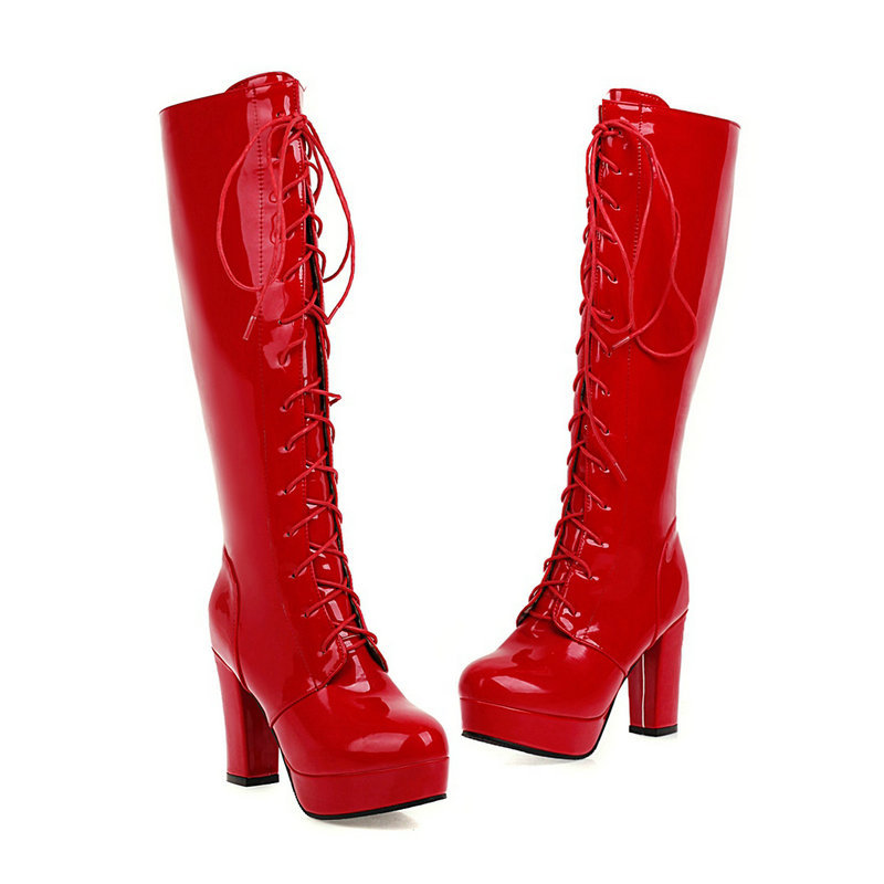 Zip Side Lace Front Platform Knee High Booties In Red
