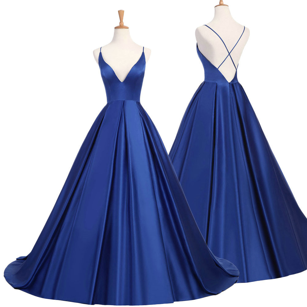 V Neck Royal Blue Long Prom Dress
