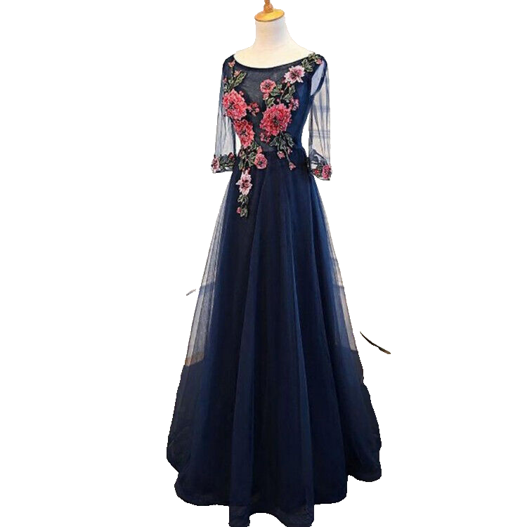 Half Sleeves Navy Long Formal Occasion Dress With Floral Emboidery