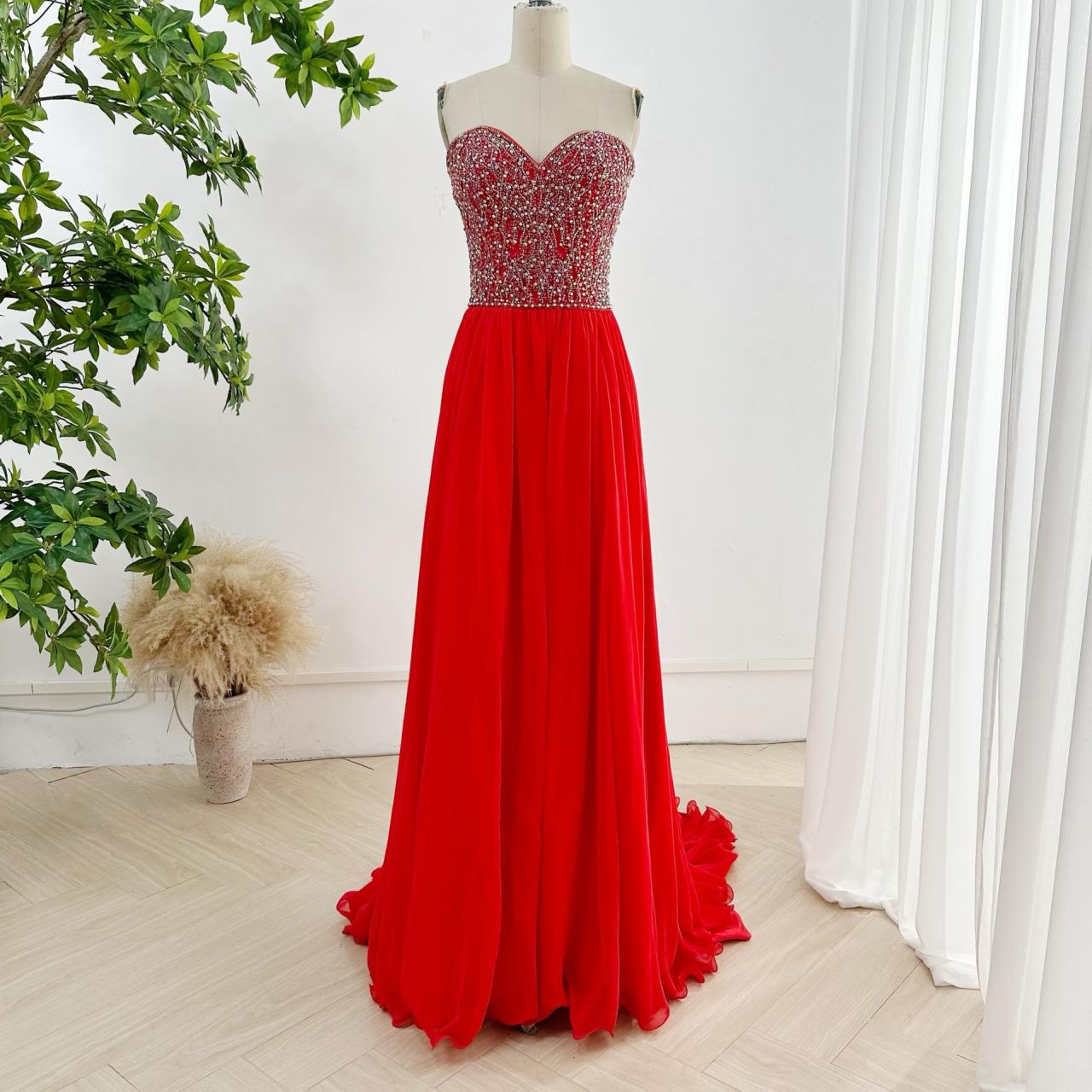 Sweetheart Neckline Long Red Chiffon Prom Dress With Beaded Bodice