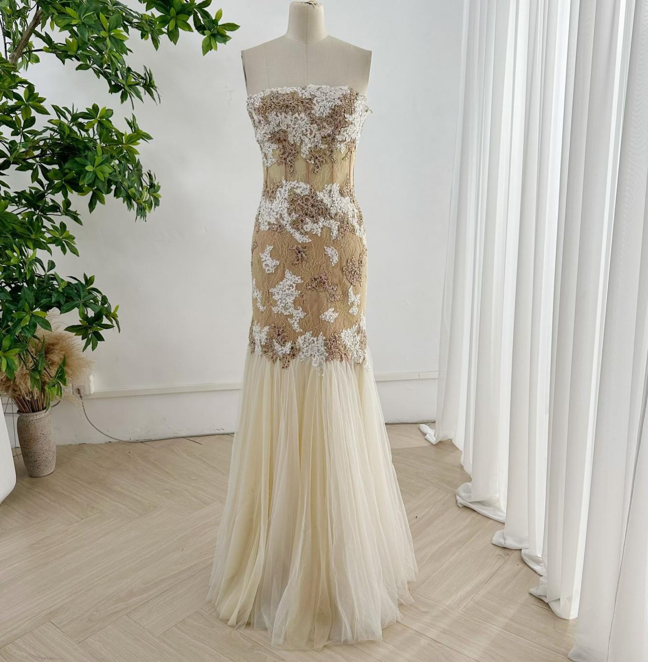 Strapless Sheath Gold Prom Dress With Beaded Appliques