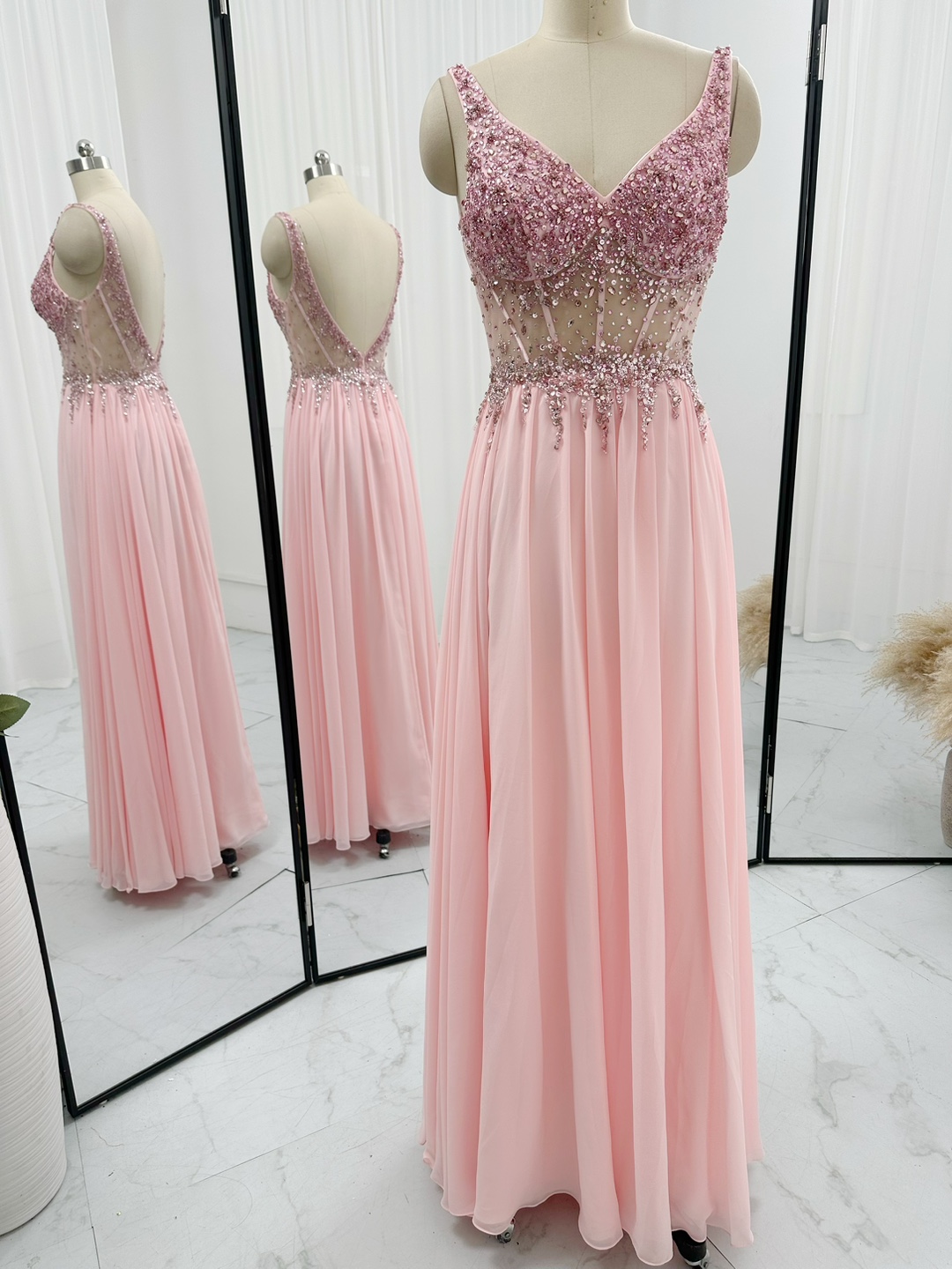 A-line Floor Length Chiffon Long Prom Dress With Beaded Sheer Waist