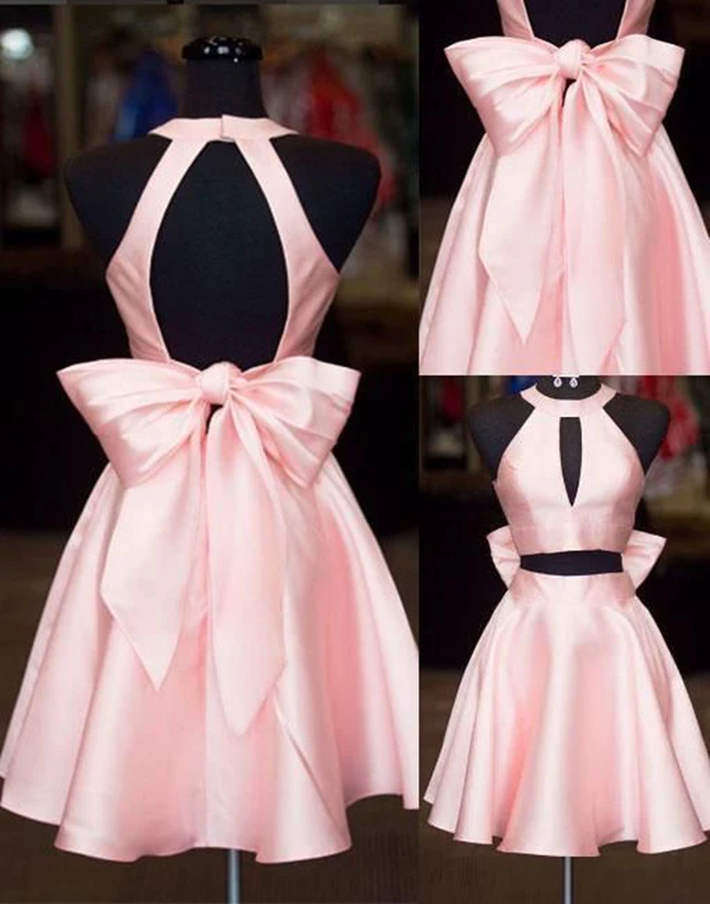 Short 2 Pieces Pink Party Dress With Removable Bow Tie