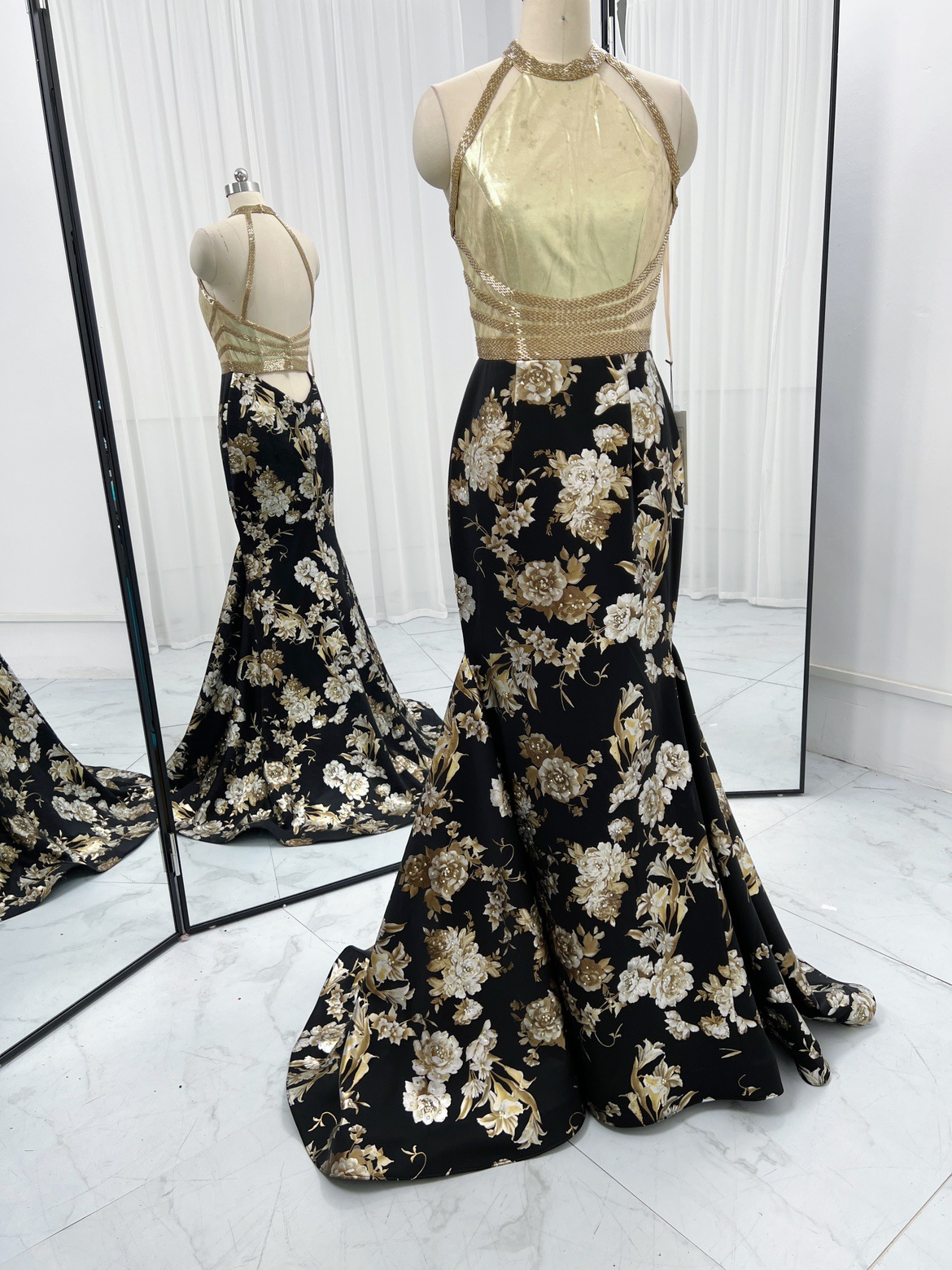 Floral Print Trumpet Prom Dress With Gold Velet Bodice