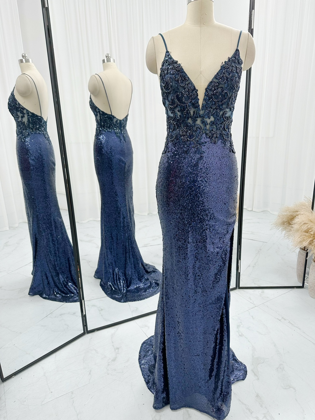 Spaghetti Straps Plunging Neck Navy Sequin Prom Dress