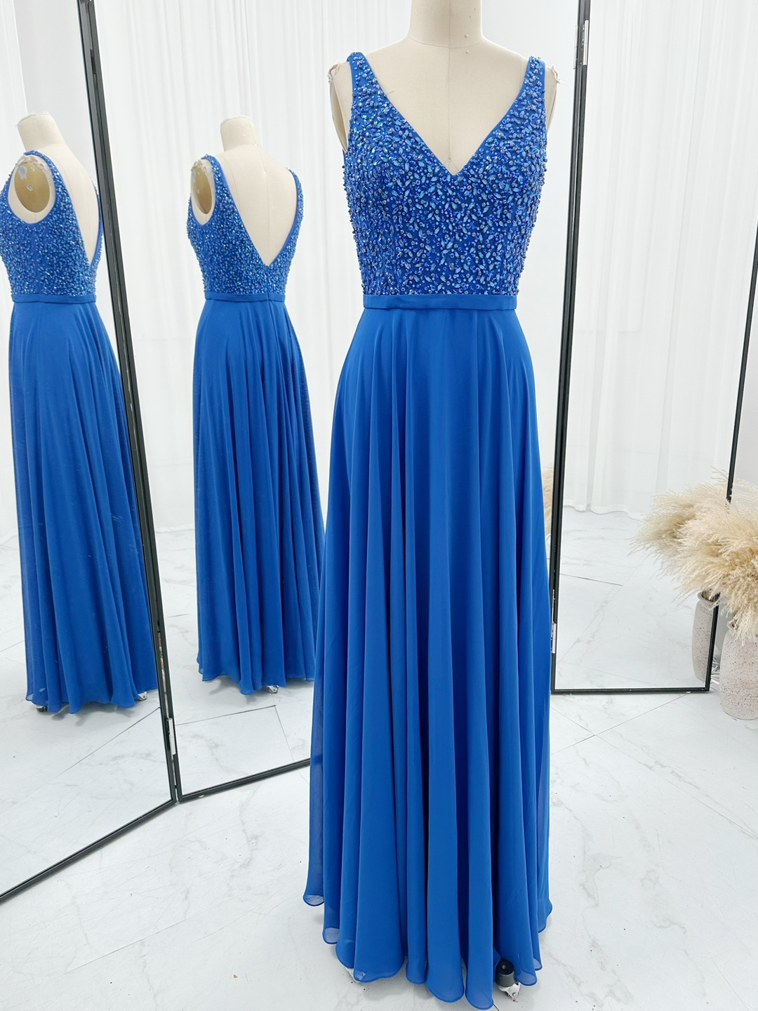 V Neck Royal Blue Long Chiffon Prom Dress With Beaded Bodice