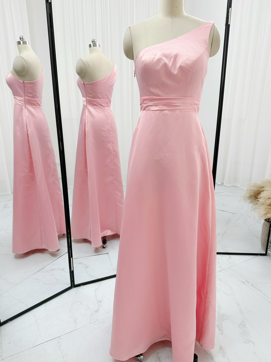One Shoulder Floor Length Pink Long Prom Dress