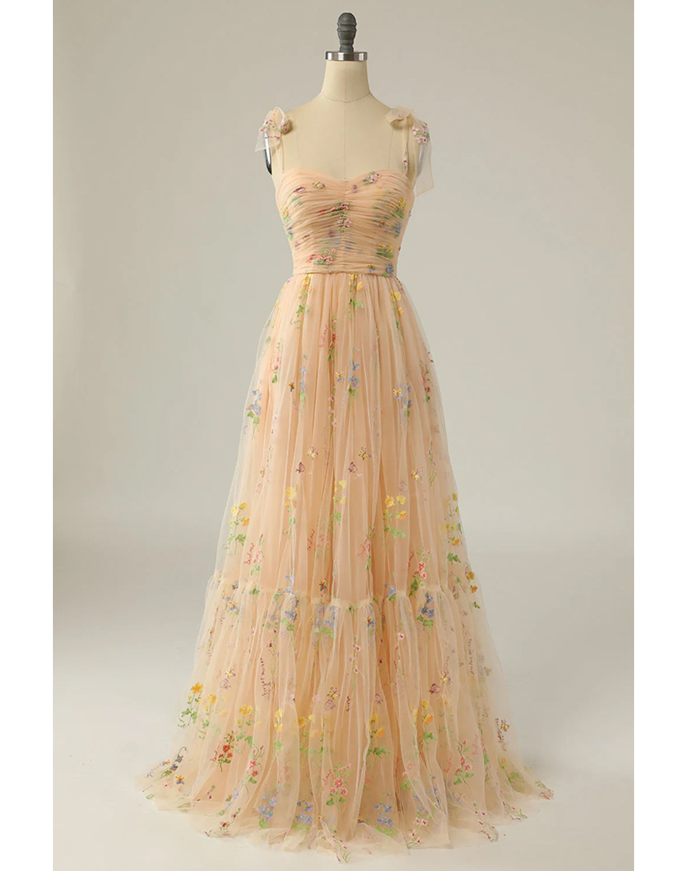 Champagne Floral Maxi Dress Long Formal Gown