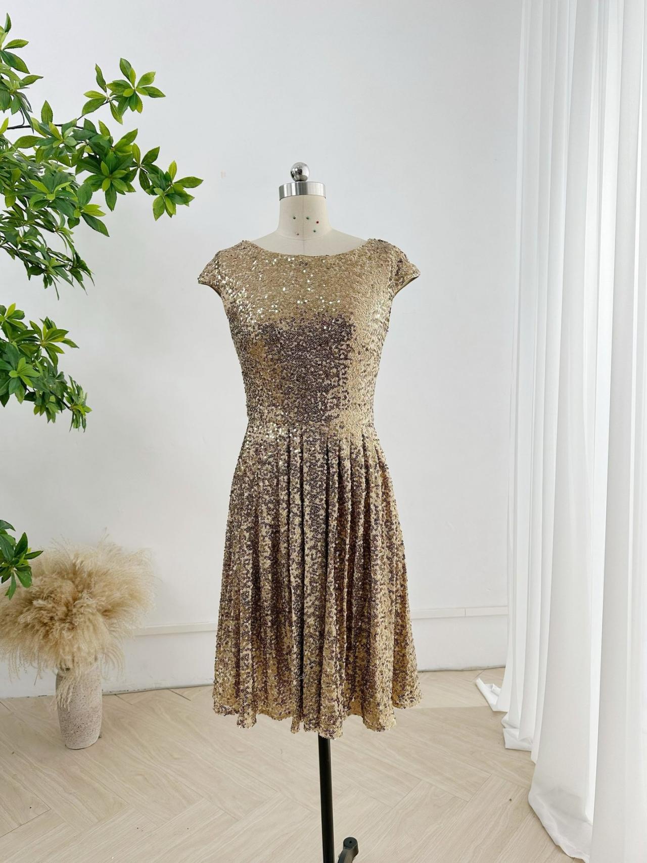 Cap Sleeves Champagne Sequin Short Party Dress With Keyhole Back