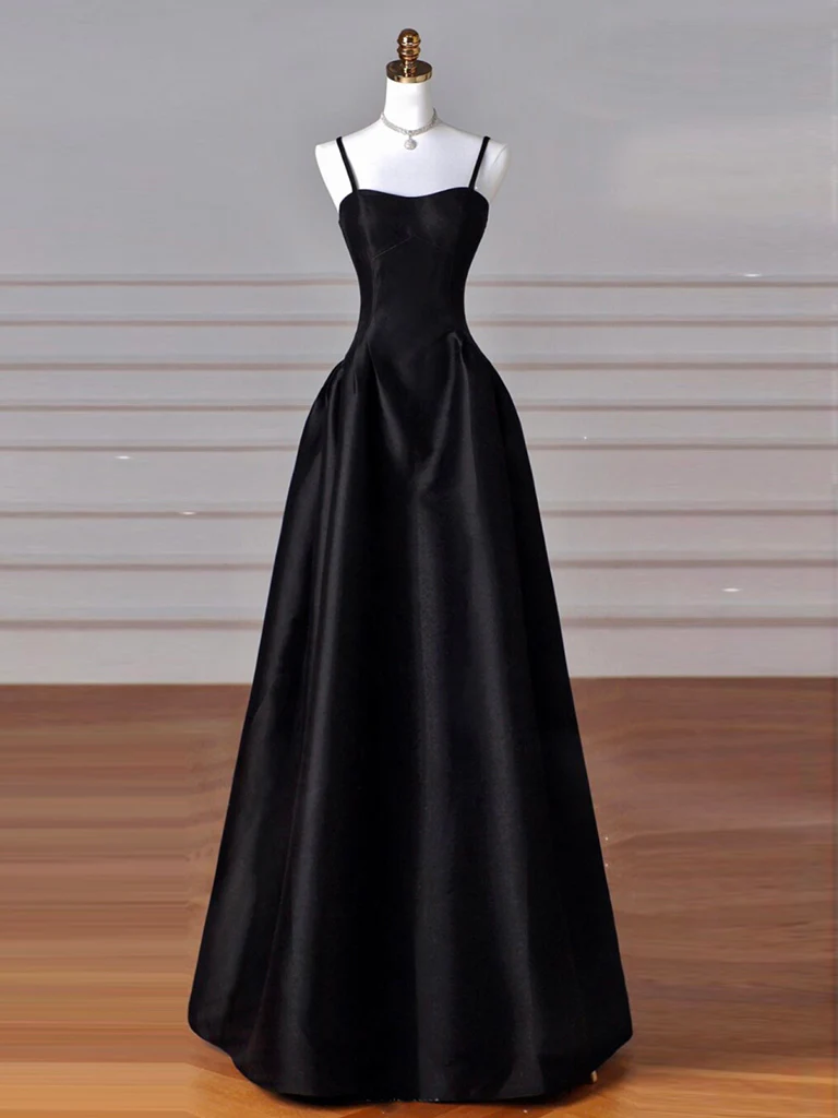 Spaghetti Straps Floor Length Black Satin Formal Occasion Dress Evening Gown