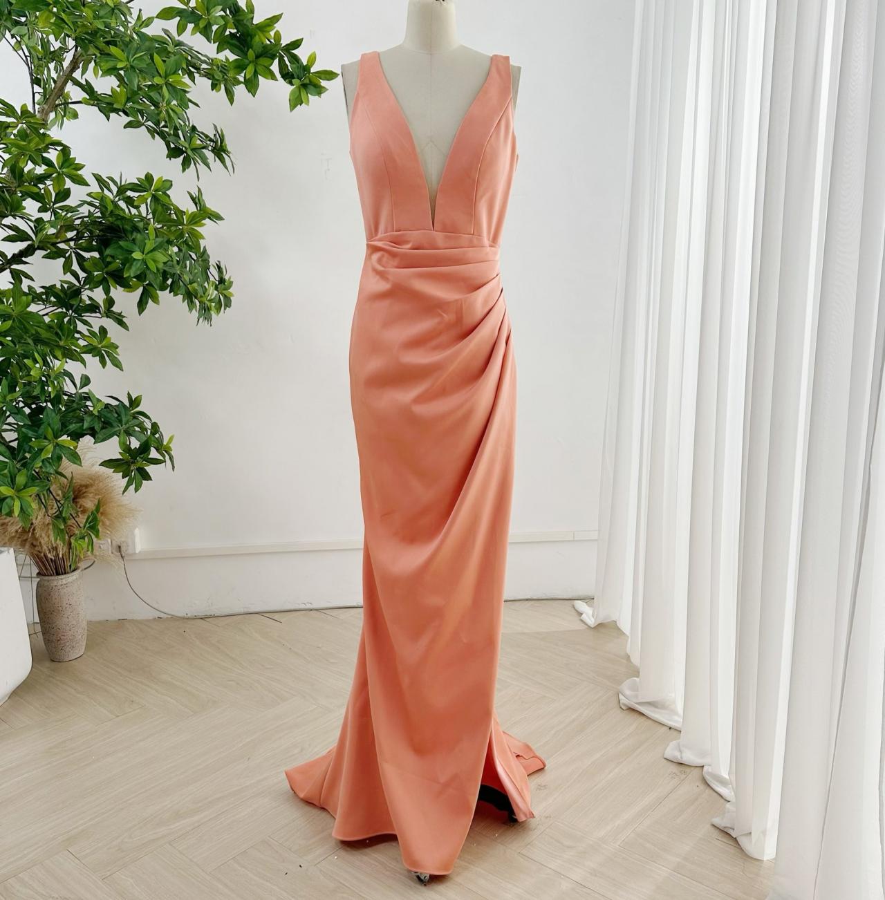 Plunging Neck Satin Sheath Prom Dress With Pleated Skirt Long Pageant Gown