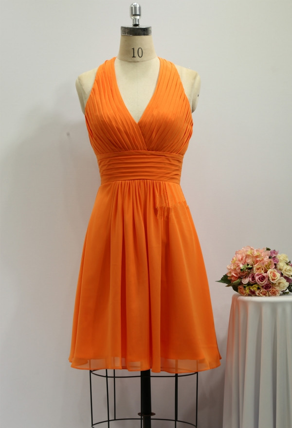 V Neck Halter Orange Chiffon Short Party Dress