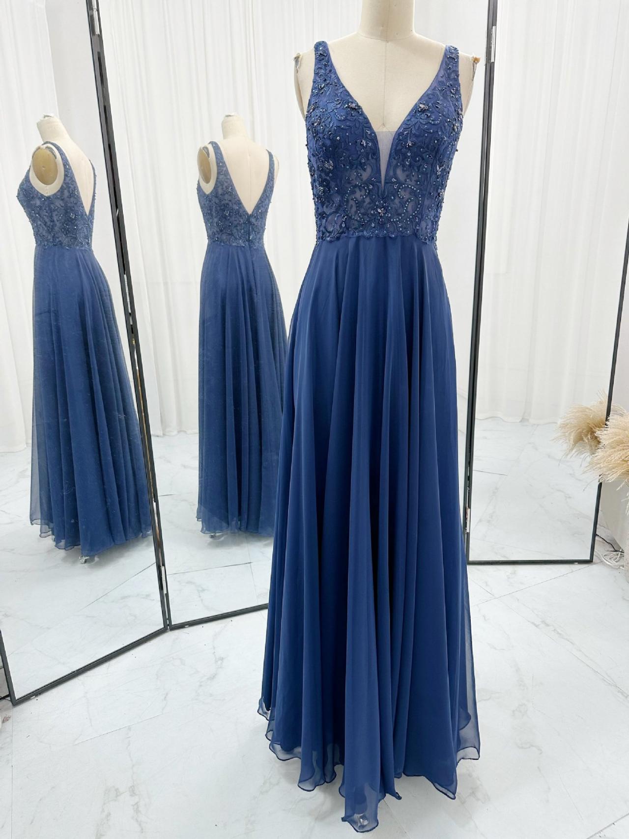 Dark Blue Chiffon Floor Length Long Prom Dress