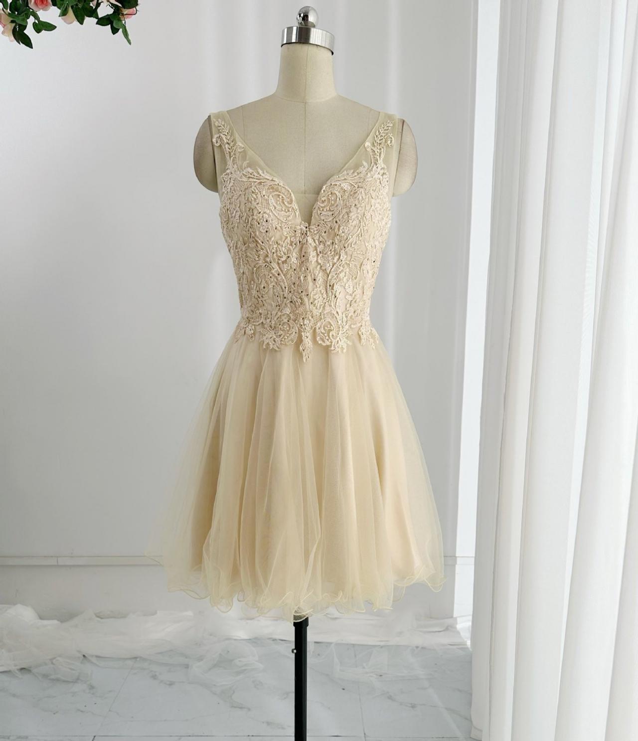 V Neck Champagne Short Party Dress 2025 Homecoming Dresses on Luulla