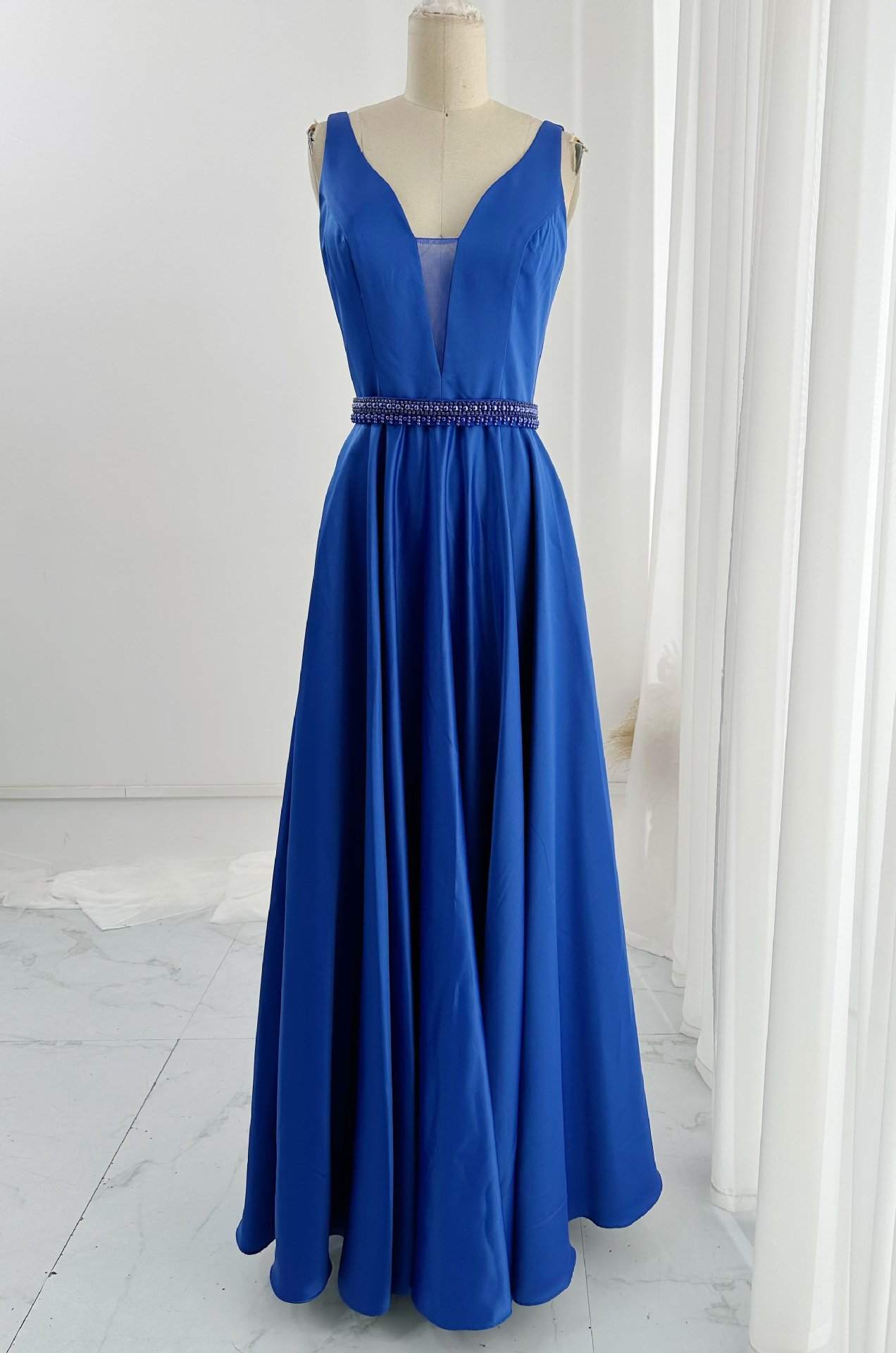 A-line V Neck Royal Blue Satin Evening Dress Graduation Dress Y433 main image 1
