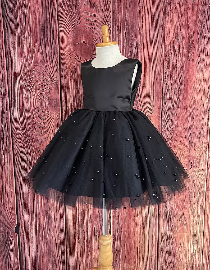 Black Knee Length Girl Dress With Pearls