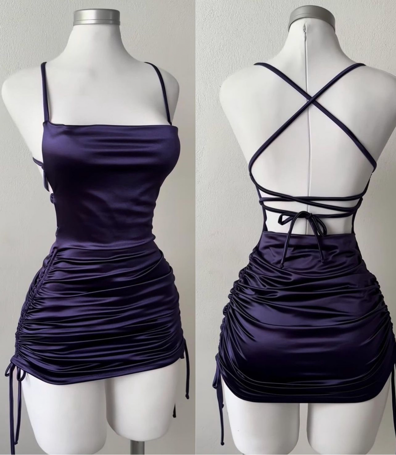 V-Neck Hollow-Out Pleated Mini Dress Grape