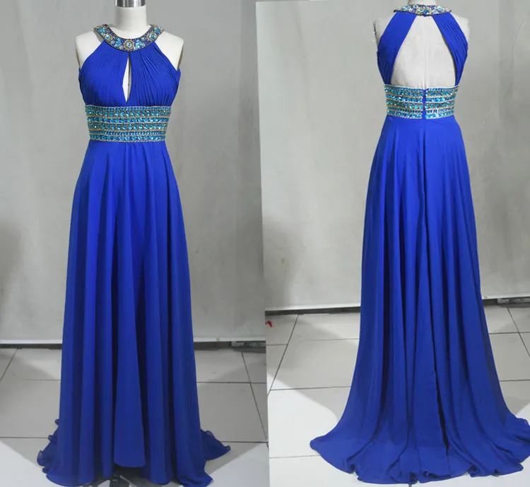 Halter Royal Blue Chiffon Long Prom Dress 2025 Flowy Formal Evening Gown 2025