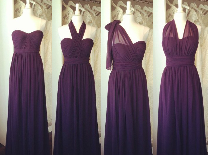 4 Styles In 1 Dress Convertible Empire Waist Bridesmaid Dresses Deep Purple Chiffon Evening Dresses