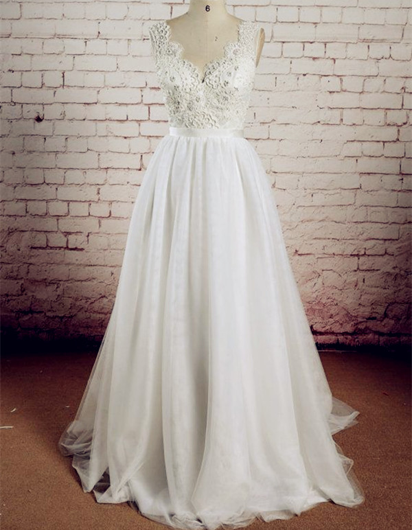 Scalloped Lace V-neck And V-back Floor Length Wedding Dress With Detachable  Sash A-line Bridal Gown on Luulla