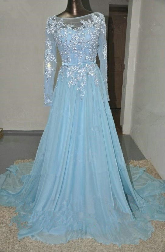 Pretty Light Blue Chiffon Long Prom Dress With Applique And Beadings, Prom Dresses,formal Dresses, Evening Dresses