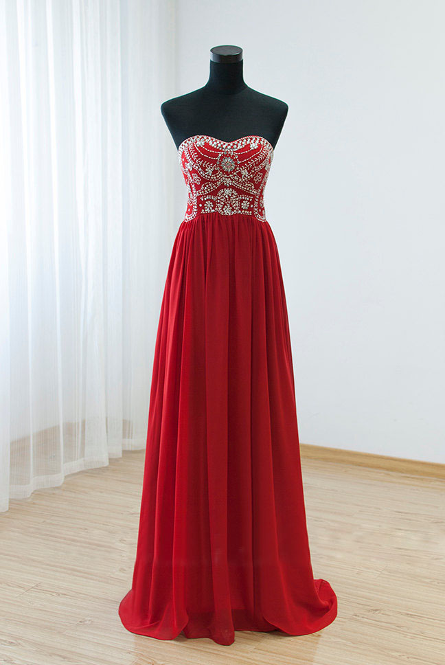 Women's Strapless Red Floor Length Fully Beaded Bodice And Pleated Skirt Long Party Dress Prom Gown