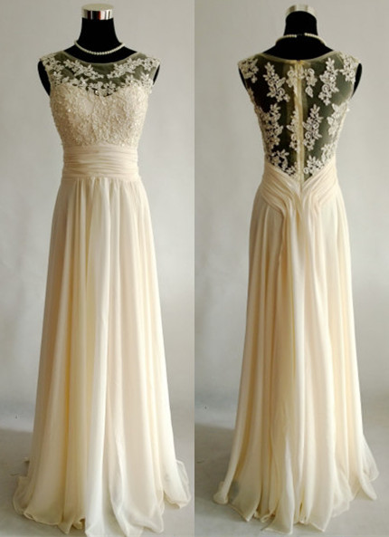 Champagne Scoop Neckline Floor Length Evening Dress With Ruched Sash And Appliques