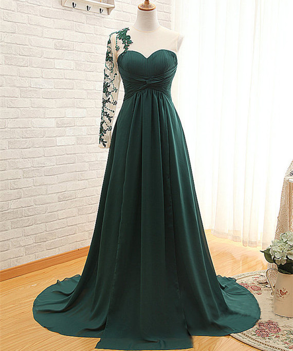 Asymmetric One Sleeves Floor Length Pleated Prom Dress Evening Dress With Beadings