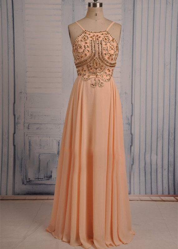 Spaghetti Straps Backless Floor Length Beaded Prom Dress on Luulla