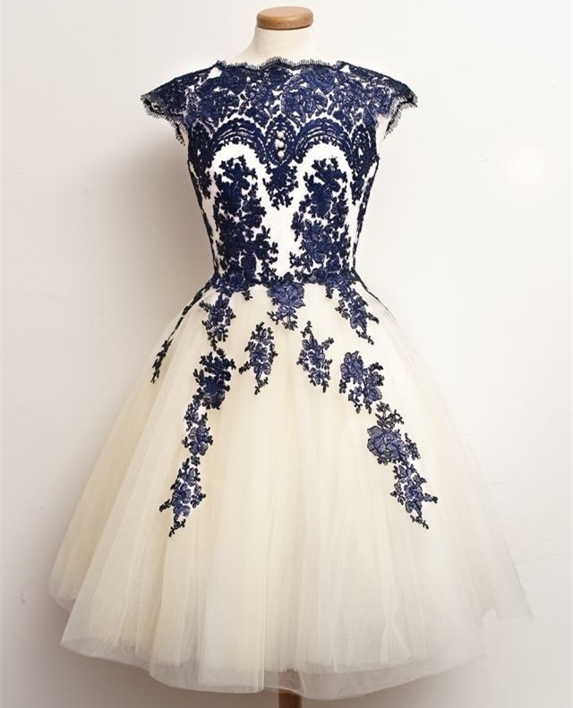 Navy Blue Lace Appliques Over Ivory Tulle Short Knee Length Graduation Party Dress