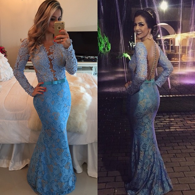 Prom Blue Fit To Flare Long Sleeves Floor Evening Dress on Luulla