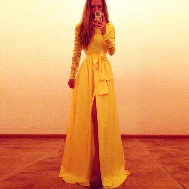 Yellow Long Sleeves Lace Prom Dresses Front Slit With Bow Sash A-line Evening Gowns