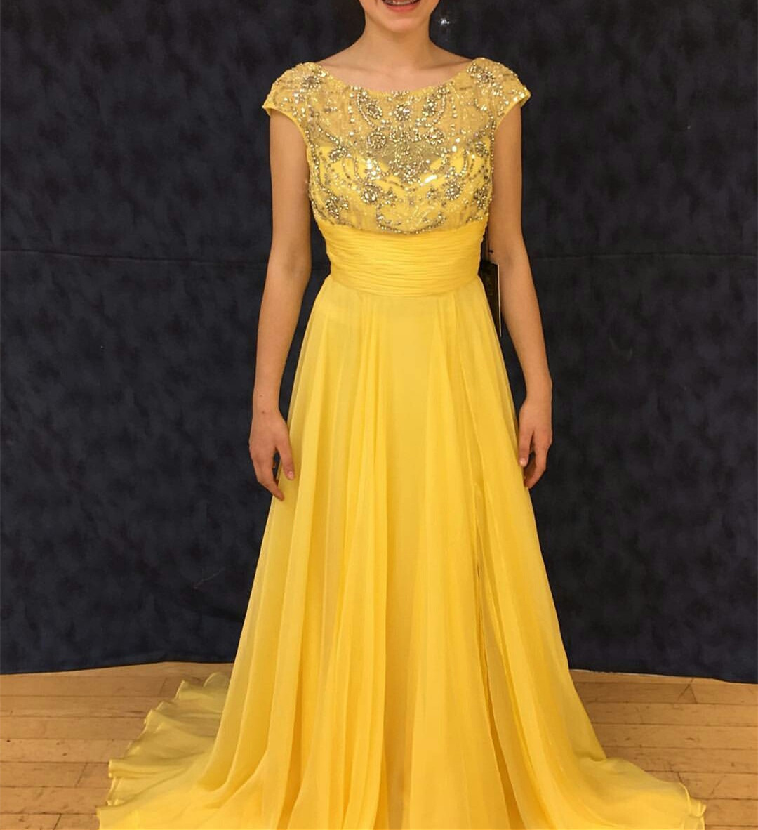 Yellow Evening Dress Beaded Scoop Neckline Cap Sleeves Floor Length Prom Dress