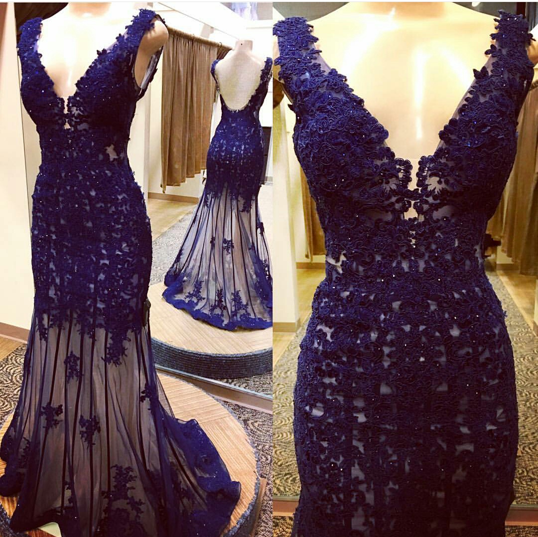 Navy Blue V-neck And Backless Lace Prom Dress on Luulla