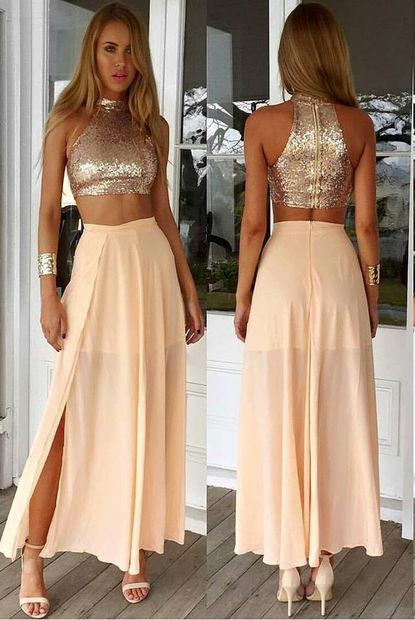 Sequined Top And Chiffon Skirt 2 Pieces Prom Dress