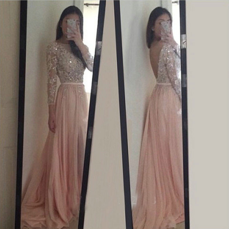 light pink long sleeve homecoming dress Light Pink Long Sleeves High Collar Sequins Mermaid Evening Dress With Split main image 0