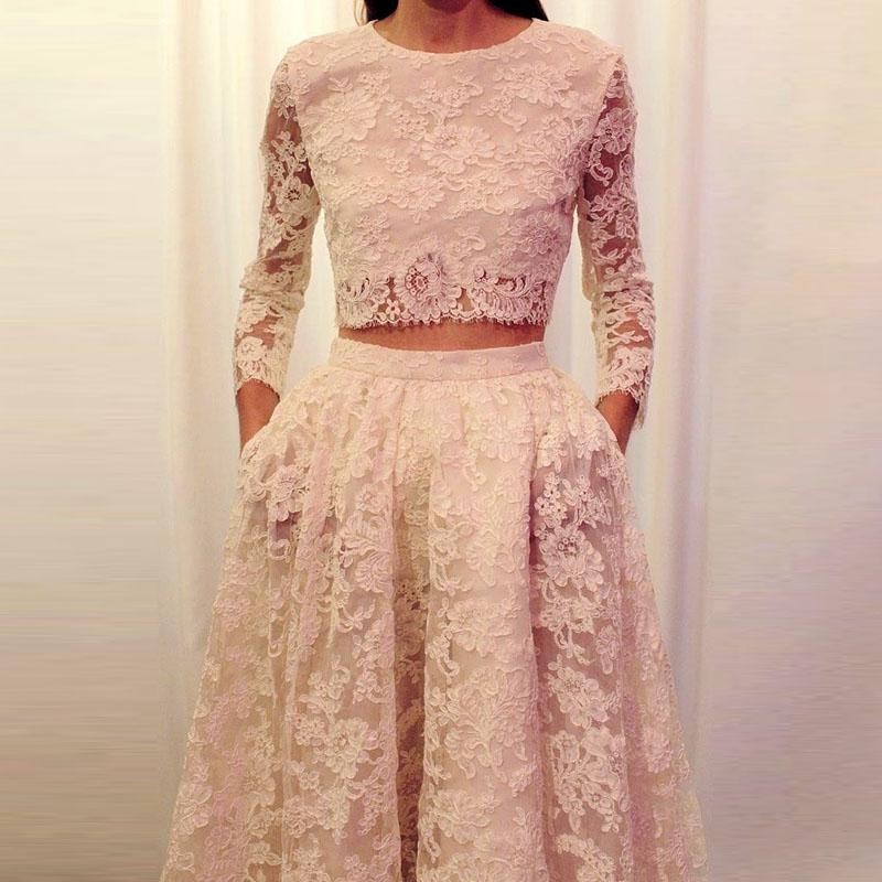 Jewel Neck Full Sleeves 2 Pieces Lace Prom Dress With Pockets on Luulla