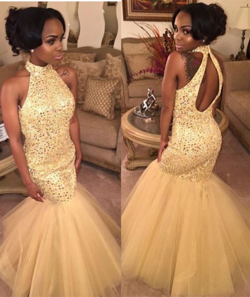 Champagne Halter Mermaid Prom Dress With Keyhole Back