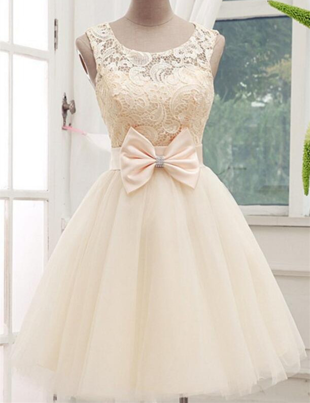 blue dress for baby girl A Line Short Champagne Prom Dress with White Lace, Short Lace Formal H   jbydress
