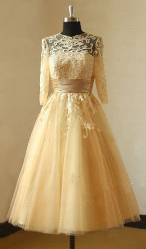 3/4 Long Sleeves Tea Length Lace And Tulle Prom Dress With Cummerband Semi Formal Occasion Dress