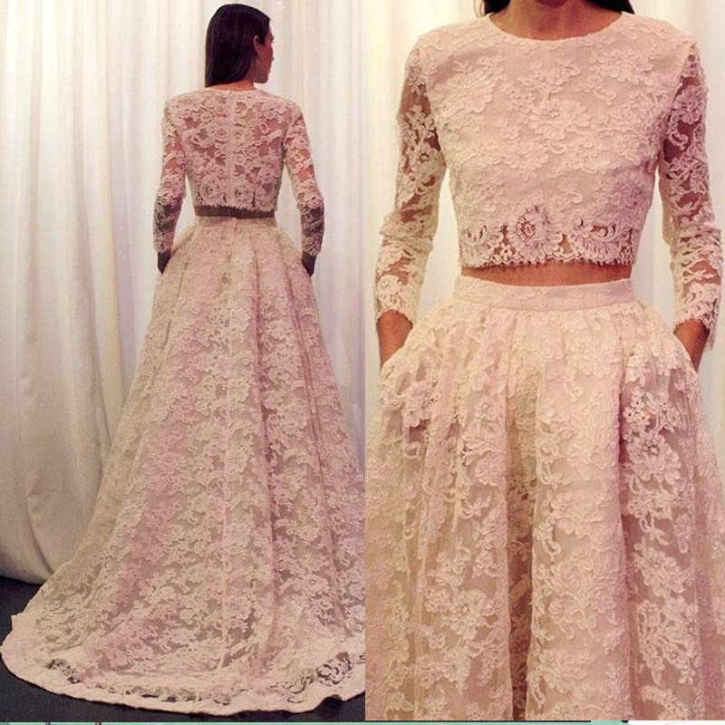 Custom Made Two-piece Lace Floor-length Dress With Long Sleeve Formal Evening Dress, Prom Dresses, Wedding Dress