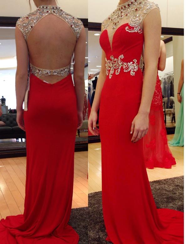 Jewel Neck Open Back Red Trumpet Prom Dress With Beadings Rhinestones Sequins