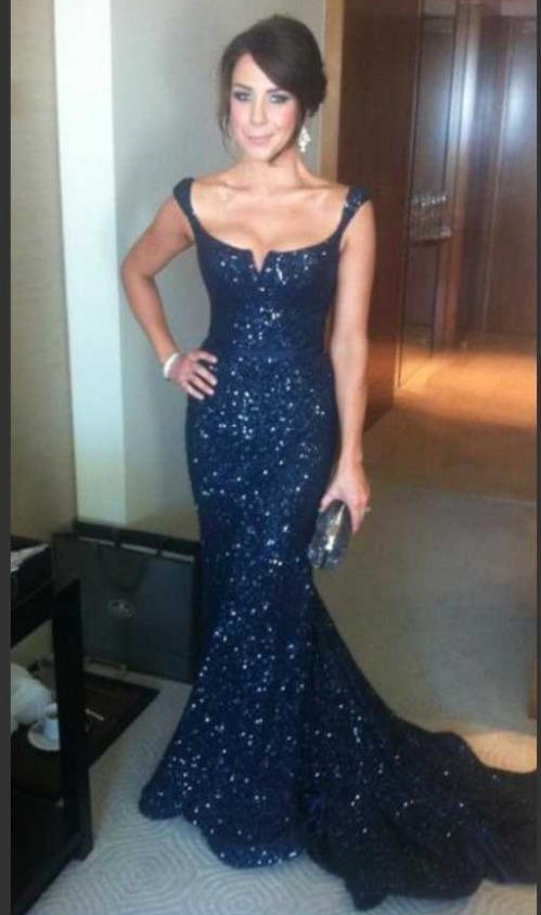 Navy Blue Sequin Memmaid Celebrity Dress Prom Dress Formal Occasion Dress With Removable Bow Sash