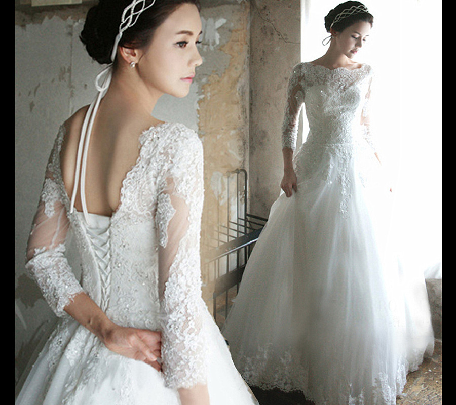 Princess Wedding Dress 3/4 Sleeves Lace-up Back Floor Length Bridal Gown With Sequins Beading
