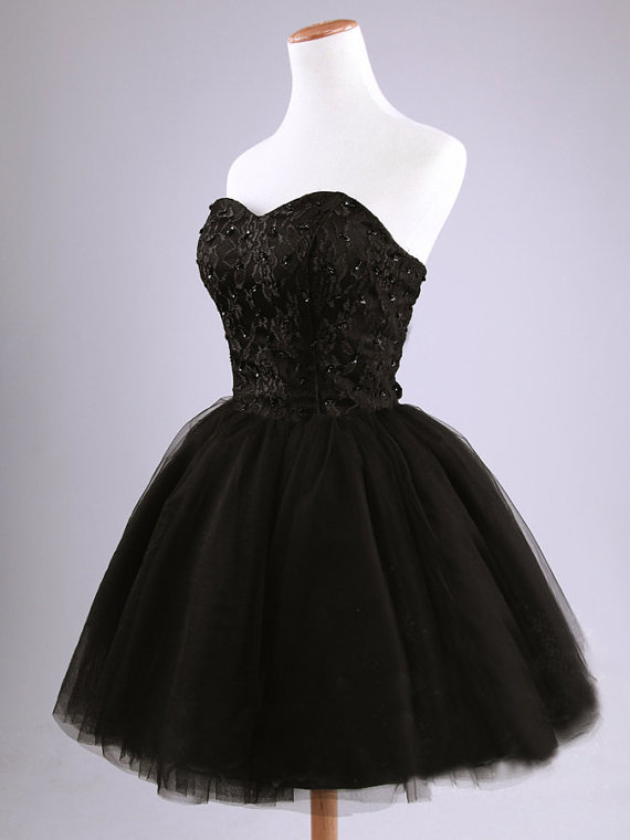 Party Dress Knee Length Short Black Lace And Tulle Ball Gown Homecoming  Dress With Beading on Luulla