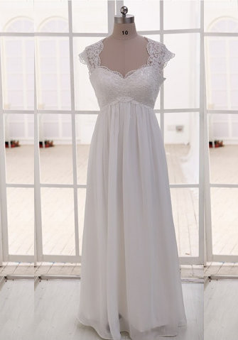 Summer Wedding Dress Queen Anna Neckline Cap Sleeves Floor Length Lace Bodice And Chiffon Skirt Beach Bridal Dress