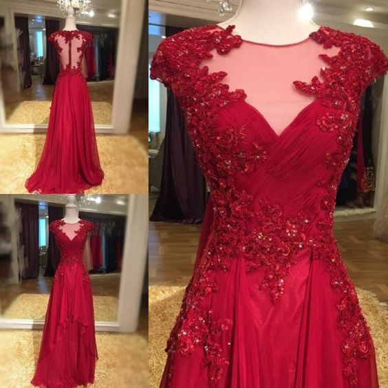 Illusion Neck Floor Length Burgundy Chiffon Formal Dress Prom Dress Evening Dress